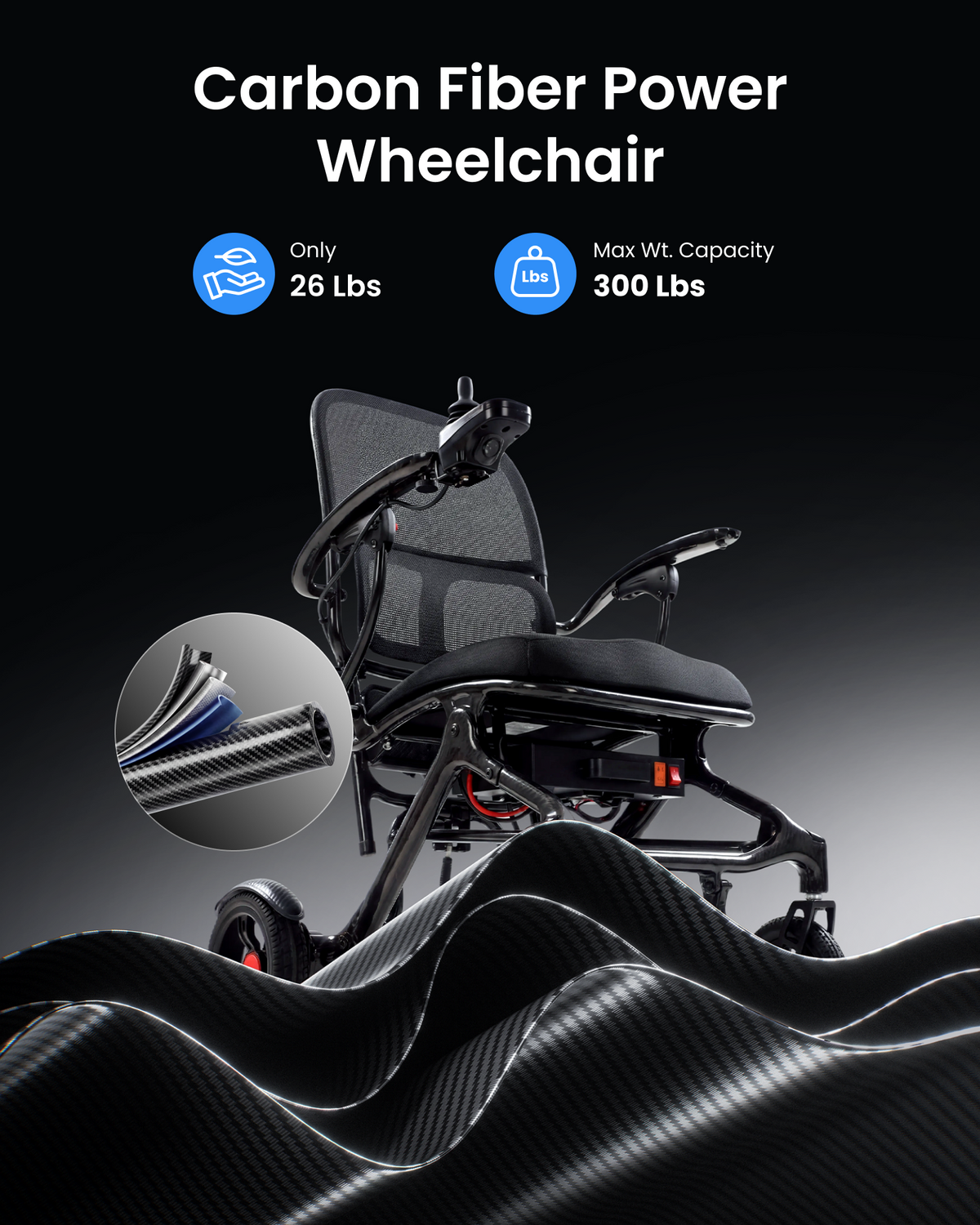 Tivaro 26 lb Ultra-Lightweight Foldable Carbon Fiber Electric Wheelchair（Pre-order: Arrives September 14））