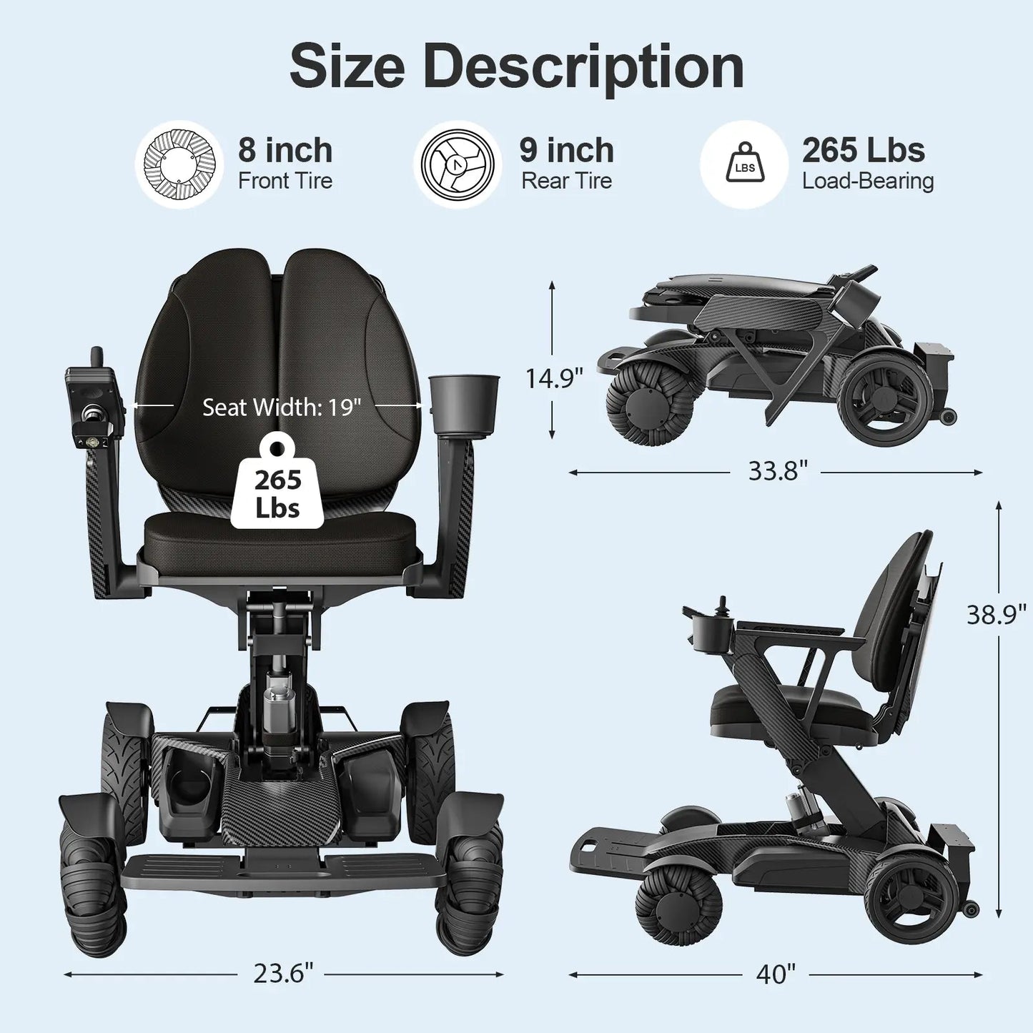 Tivaro EW8001 Pro 3D Wing Foldable Electric Wheelchair - Black - Tivaro