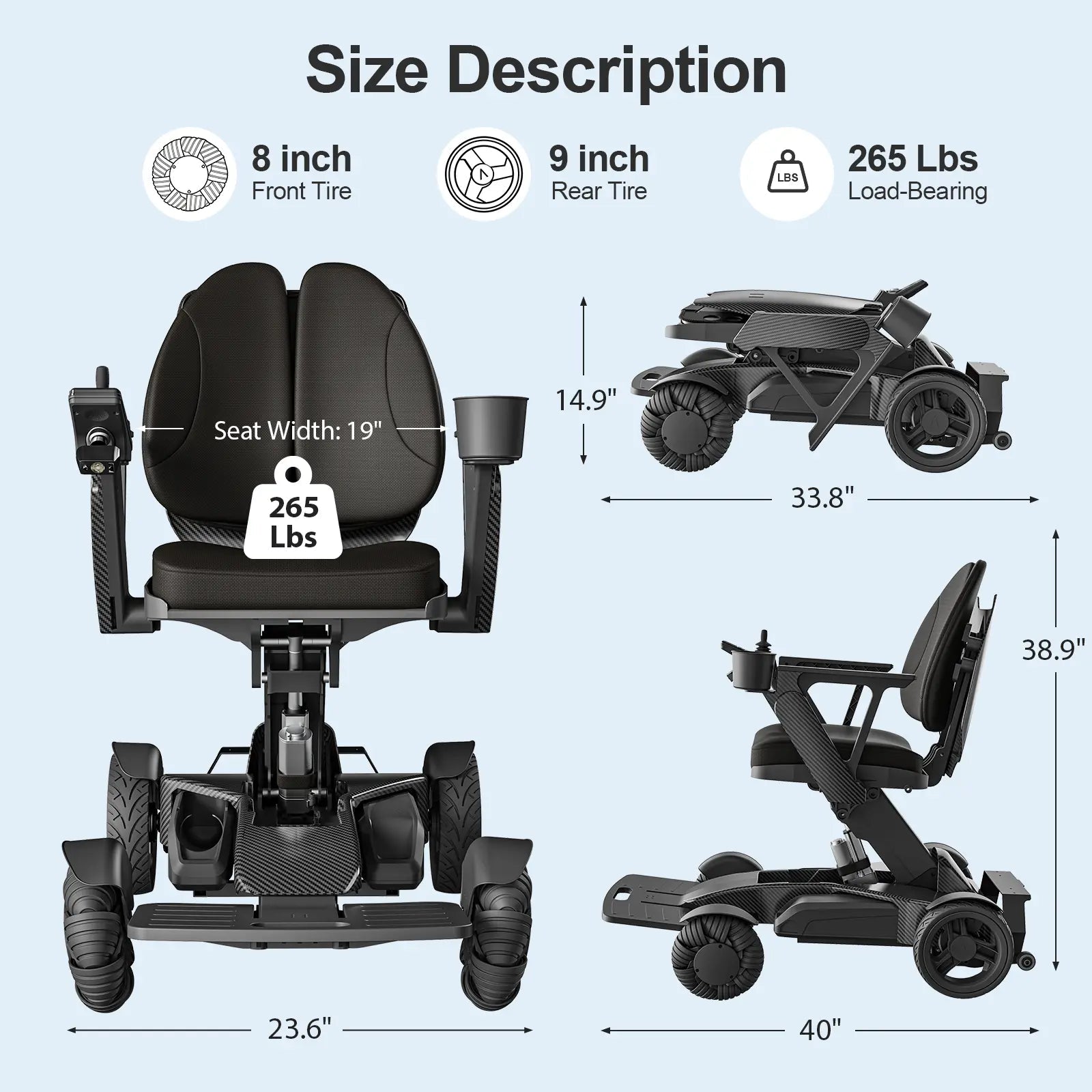Tivaro EW8001 Pro 3D Wing Foldable Electric Wheelchair - Black - Tivaro