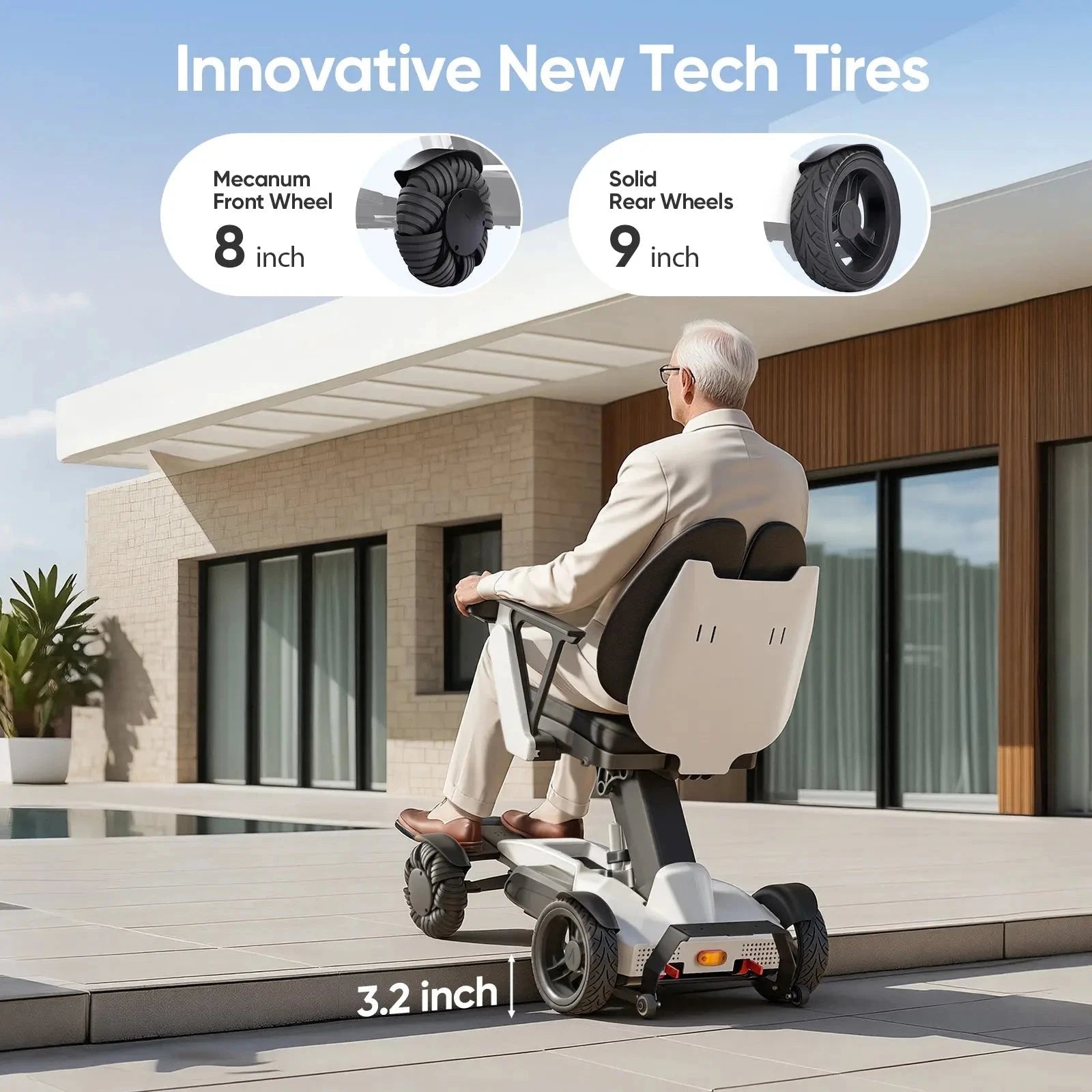 Tivaro EW8001 Pro 3D Wing Foldable Electric Wheelchair - White - Tivaro