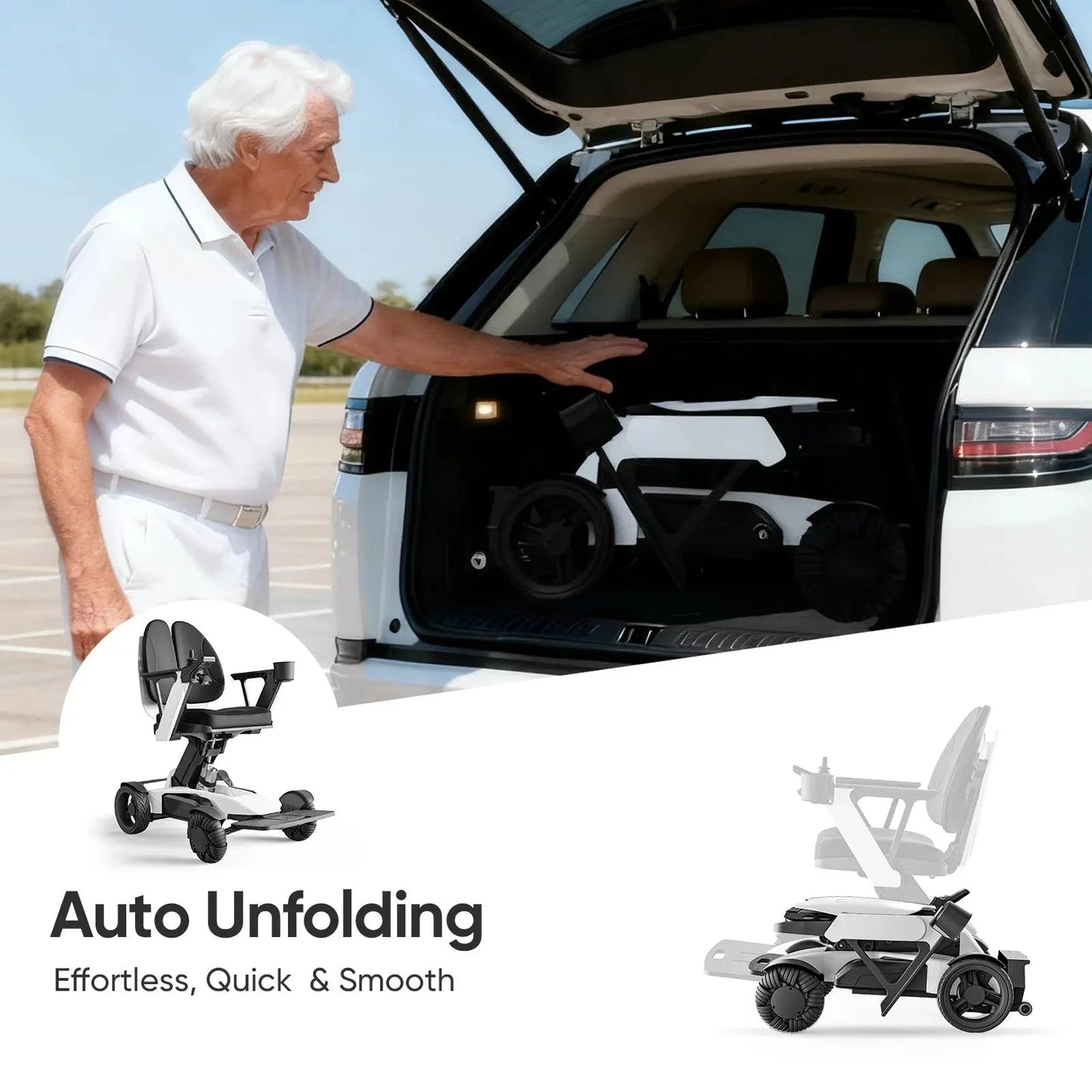 Tivaro EW8001 Pro 3D Wing Foldable Electric Wheelchair - White - Tivaro
